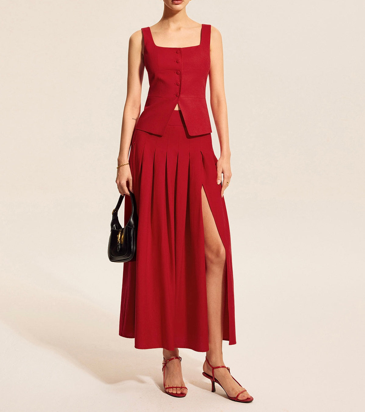Tailored Waistcoat With Highslit Pleated Maxi Skirt Set