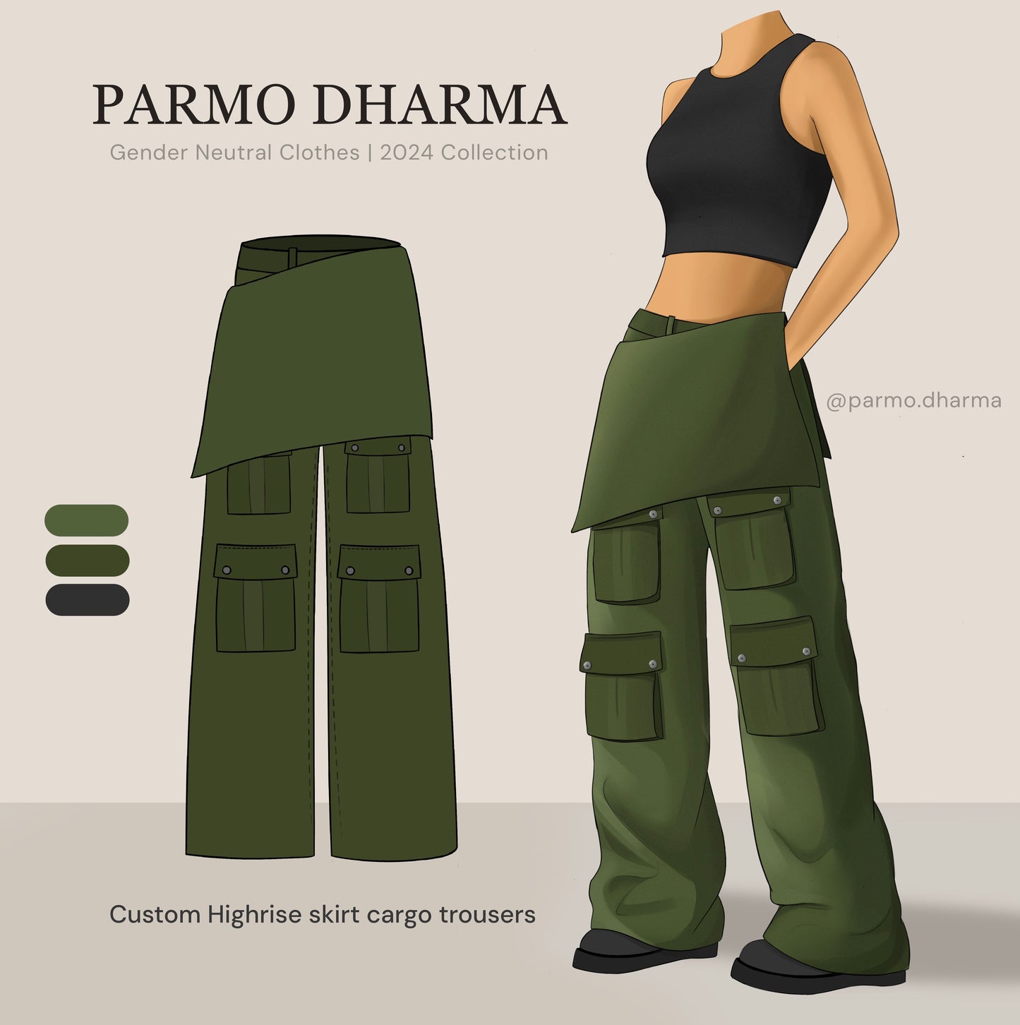 Custom highrise skirt cargo trousers, unisex