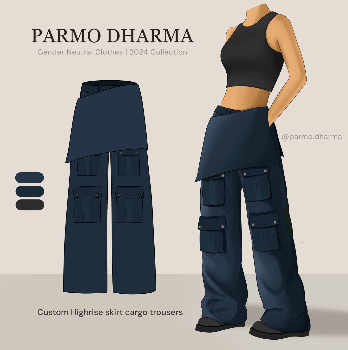 Custom highrise skirt cargo trousers, unisex
