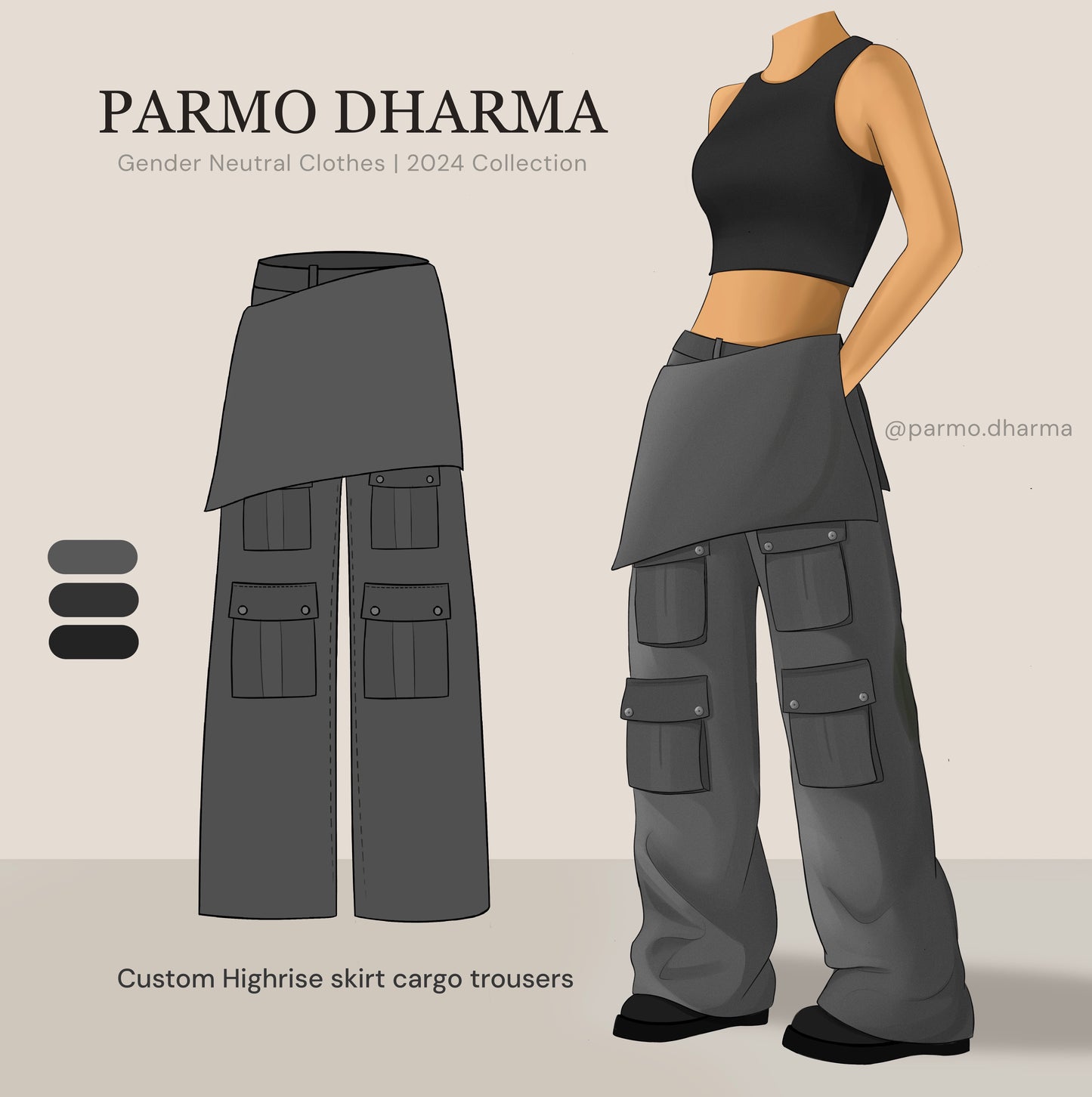 Custom highrise skirt cargo trousers, unisex