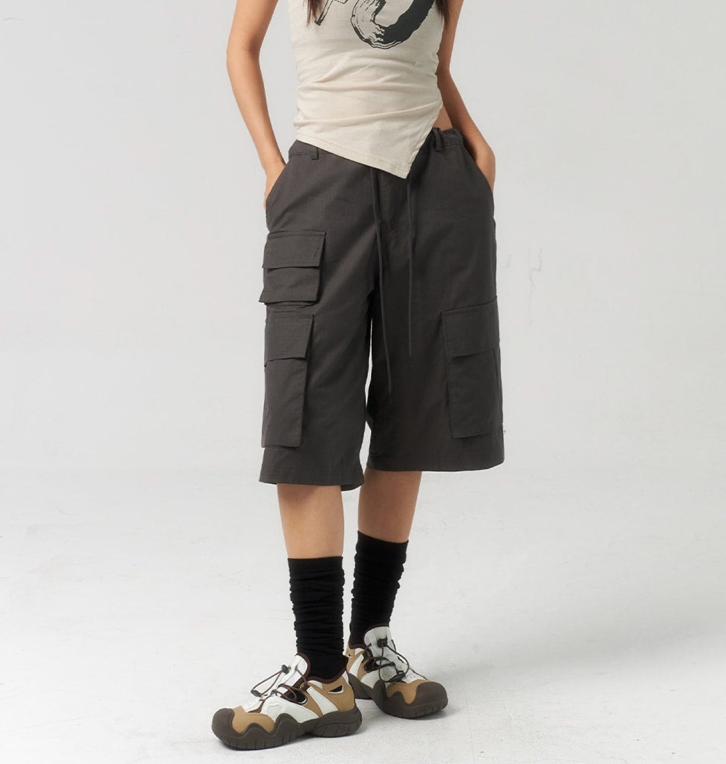 Unisex Cargo Jorts oversized fit elasticated waistband.