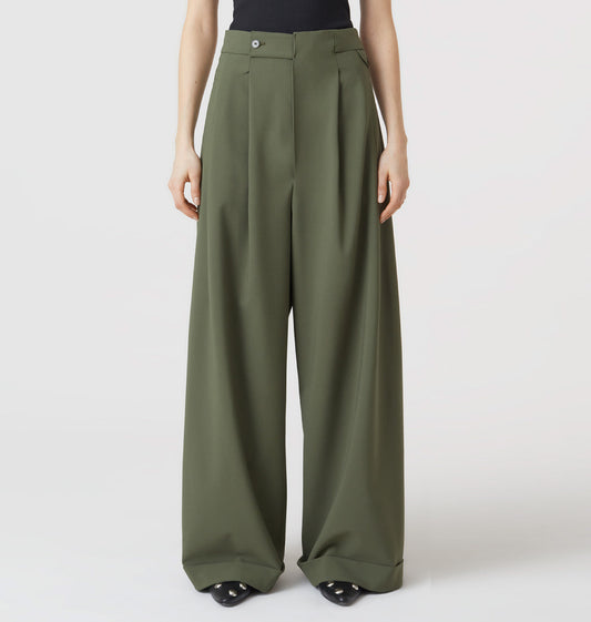 Olive green mid waist pleated unisex trousers.