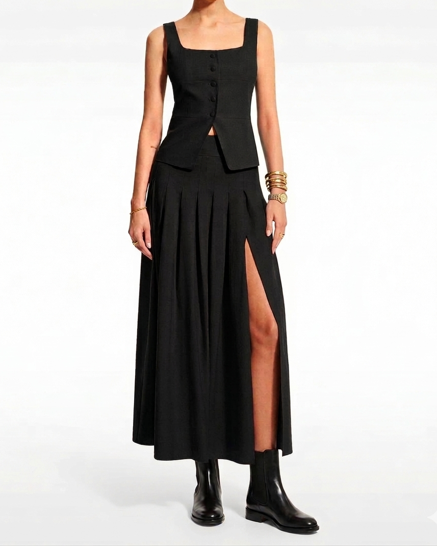 Tailored Waistcoat With Highslit Pleated Maxi Skirt Set