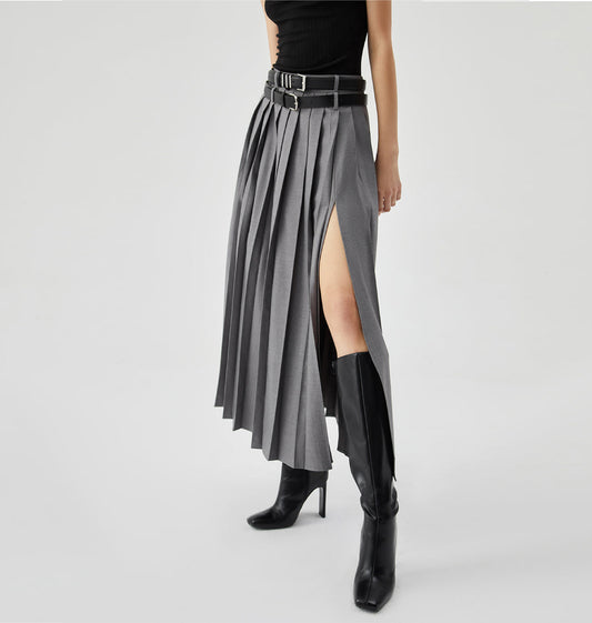 Tailored Highslit multi pleated skirt.