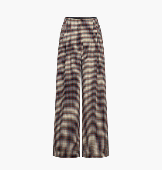 Houndstooth wool tailored unisex single pleated trousers.