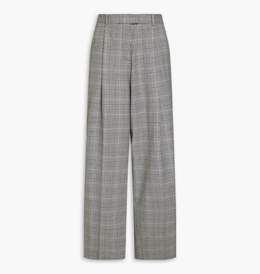 Houndstooth wool blend tailored unisex pleated trousers.