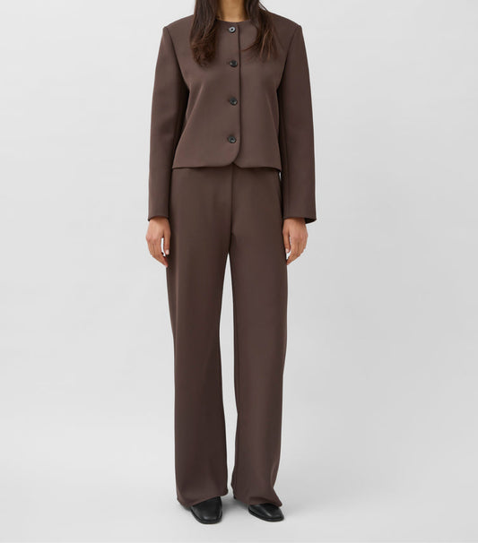 Collarless Blazer with wide leg pants, tailored set