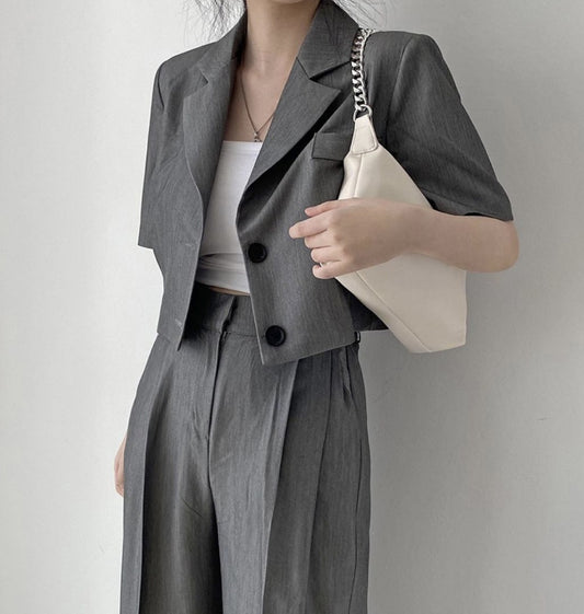Half sleeve crop blazer with pleated trousers