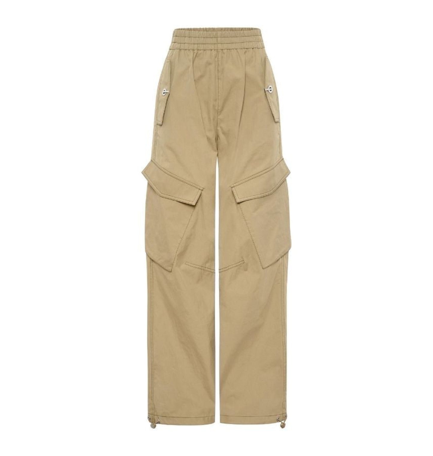 Beige straight leg cargo unisex trousers.