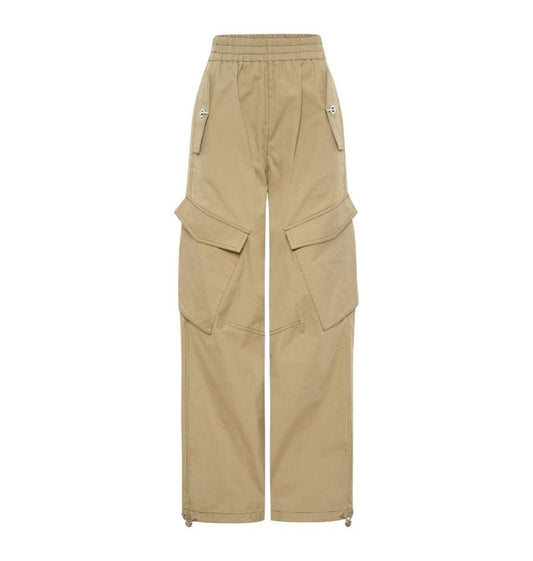 Beige straight leg cargo unisex trousers.